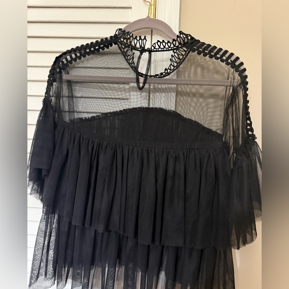 Black Sheer Chiffon Gather Frill Blouse" made tulle Layered Witchy Goth-like